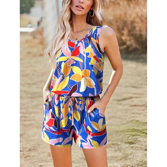 🆕 Women Blue Summer Solid Jumpsuit Loose Sleeveless Short Soft Romper Pocket - Picture 2 of 6